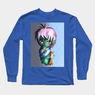 kawaii thinking green dark elf with a cute cat Long Sleeve T-Shirt